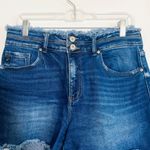 KanCan USA KanCan Dark Wash High Rise Frayed Waist Double Button 3.5” Shorts Photo 3