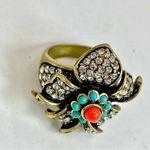 Heidi Daus Ribbon Blossom Flower White Crystal Turquoise and Coral Cab Ring Gold Photo 6