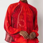 Worthington  Long Sleeve Red Sheer Mandarin Collar Top Blouse Petite PXL NWT Photo 0