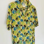 Flax Green Tropical Palm Print Full Length Dress Button Up Pockets Collar Rayon Photo 2