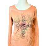 Beverly Hills Women's M Peach Floral Rhinestone Long Sleeve Blouse Casual Orange Size M Photo 1