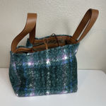 Sundance  Maple Glen Teddy Plaid Tote Bag Felted Textured Pebbled Leather Green Photo 0