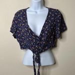 American Eagle  Blue Floral Short Sleeve Crop Top Women's Medium Photo 0