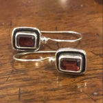 Vintage Emerald Cut Red Garnet Gemstone and Sterling Silver Drop Earrings Photo 1