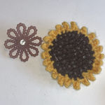 2 Vintage Fabric Sunflower CZ Rhinestone Plastic Flower Brooches Pins Yellow Photo 1