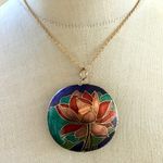 Vintage Cloisonné Lotus Flower Pendant Necklace Photo 0