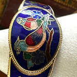Vintage Cloisonné Blue Enamel Bird & Flower Hinged Bangle Bracelet Photo 2