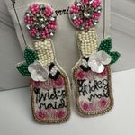 Bridesmaid Beaded Rhinestone Felt Pierced Dangle Drop Earrings Bridal Party White Photo 1