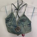 ZARA  BARBIE™ THE MOVIE @WARNER BROS. DENIM CROP TOP Size S rhinestone flower Photo 4