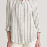 Quince  European Linen Long Sleeve Shirt Oatmeal Black Stripe Button Down Size S Photo 0