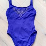 Vintage 80s Swimsuit One Piece Purple Gold Size Medium Modest Fit Pool USA Made Photo 0