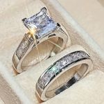 2pcs/set Silver Princess Cut engagement ring set size 10 Photo 5