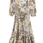 Espresso Midi Dress XS Tan Floral Paisley Square Neck Belted Tiered Euro Summer Brown Size 0 Photo 7
