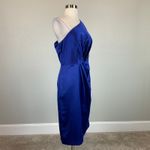 Alex Evenings  Satin One Shoulder Midi Sheath Cocktail Party Dress Blue Size 14 Photo 1