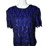 Vintage Sténay 100% Silk Beaded Sequin Top | Size L | Art Deco 80s Party Glam Blue Size L Photo 0