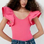 ZARA  Hot Pink Ribbed knit Poplin Ruffle Bodysuit Sz S Photo 0