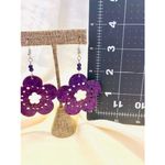 Violet Tropical Vibe Hibiscus Wood Earrings Handmade Sparkle Lightweight Photo 1