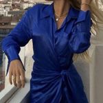 ZARA Satin Wrap Effect Blue Dress Photo 0