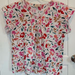Loft  Woman’s Medium Floral Linen Boho Short Sleeve Top Blouse Flowy Photo 0