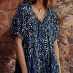 Free People  JET SET MINI DRESS MIXED PRINTED TUNIC Oversized DRESS Blue sz small Photo 0