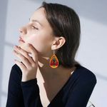 Rose Flower Virgin Mary Print‎ Teardrop Dangle Earrings Faux Leather Orange Photo 3