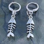 Handmade Silver Y2k Fish Bone Hoop Earrings , Punk Goth Boho Silver Photo 0