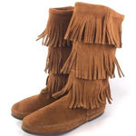 Minnetonka  Triple Fringe Brown Suede Moccasin Pull On Boot Size 7 Boho Photo 0