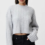 American Eagle  Ribbed Knit Cropped Sweater Gray XS  Long Sleeve Crewneck Ribbed Photo 0