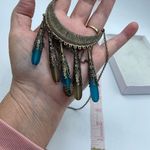 Bohemian fringe frosted glass burnished brass dangle necklace. Blue Photo 5