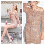 ZARA Rose Gold Sequin Long Sleeve Ruched Mini Dress Small Cocktail Off Shoulder Photo 1