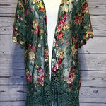 Sweet Rain Sweat Rain Floral Fringe Kimono Cardigan Size Medium | Green Lace Boho Photo 0