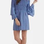 Mud Pie  Women’s Desi Off the Shoulders Chambray Blue Striped Smocked Dress Large Photo 0