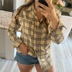 Nasty Gal Plaid Button-Down Shirt Beige Long Sleeve Women's Size 6 Casual Photo 2