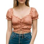 Tiger Mist Pink Metallic Ruched Cinched Short Puff Sleeve Crop Blouse Top Size M Photo 0