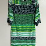Donna Morgan  Mini Shift Dress 12 Green Geometric Boat Neck Short Sleeve Stretch Photo 0