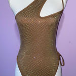 Pretty Little Thing Mocha Fishnet Diamante Asymmetric Lace Up Swimsuit S One Piece Photo 0