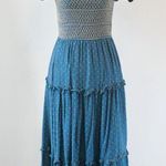 Moon River Teal Tan Smocked Square Neck Puff Sleeve Flowy Boho Midi Dress Small Photo 0