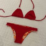 Women Small Reversible red orange triangle bikini set circles polka dot print Photo 3