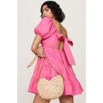 LOUNA Pink Linen Blend Tiered Puff Sleeve Tie Back Square Neckline Mini Dress S Photo 3