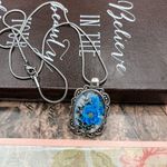 Blue Rose Floral Print Large Cabochon Stainless Steel Pendant Necklace 18 inches Silver Photo 3