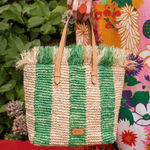 FRANCES VALENTINE Alfie French Straw & Leather Tote, Green Stripe, NWT Photo 0