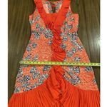 Tory Burch Janetta Ruffle pleated Midi Dress Silk Red Rust Orange floral size 4 Photo 1