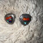 Native American‎ Zuni Sterling Earrings Signed QT Turquoise Heart Shaped Inlay Red Photo 1