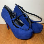 Platform Mary Jane High Heels Shoes Womens Size 8 Blue Suede Ankle Strap Pumps Photo 0