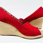 Toms Classic Red Canvas Wedge Espadrille Peep Toe Shoes Sandals Photo 5