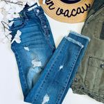 KanCan Heavily Distressed High Waist Buttonfly Midwash Fringe Hem Skinny Jeans Blue Size 27 Photo 2