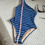 Madewell ribbed blue Striped One Shoulder nautical classic One Piece swimsuit M Photo 3