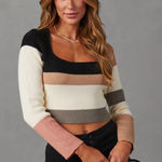 Lane 201 Size M Square Neck Ribbed Knit Sweater Crop Neutral Wide Stripe Fall Photo 0