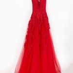 La Femme 28985 Red Tulle Lace Gown Plunge V Neck Lace Up Back Size 00 NEW Photo 1