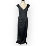 La Femme Column Gown Women's 6 Black Surplice Off the Shoulder Cap Sleeve Maxi Photo 2